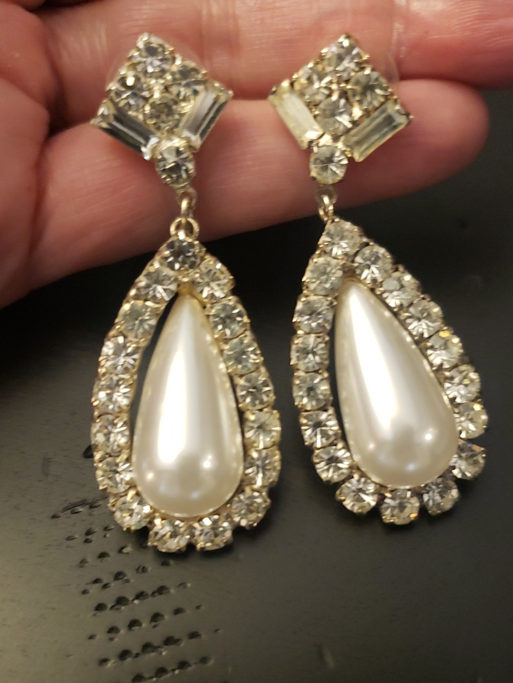 Pearl Teardrop Rhinestone Drop Earrings - Approx 2.25" Drop